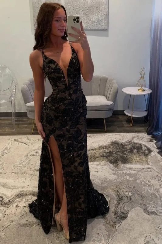 Sexy Glitter Black Prom Dress High Split Party Dress Sleeveless