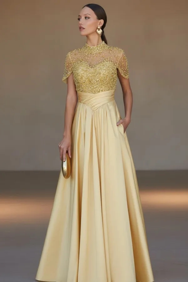 Dark Green Short Sleeves  Satin A-line Evening Dress with Beadings