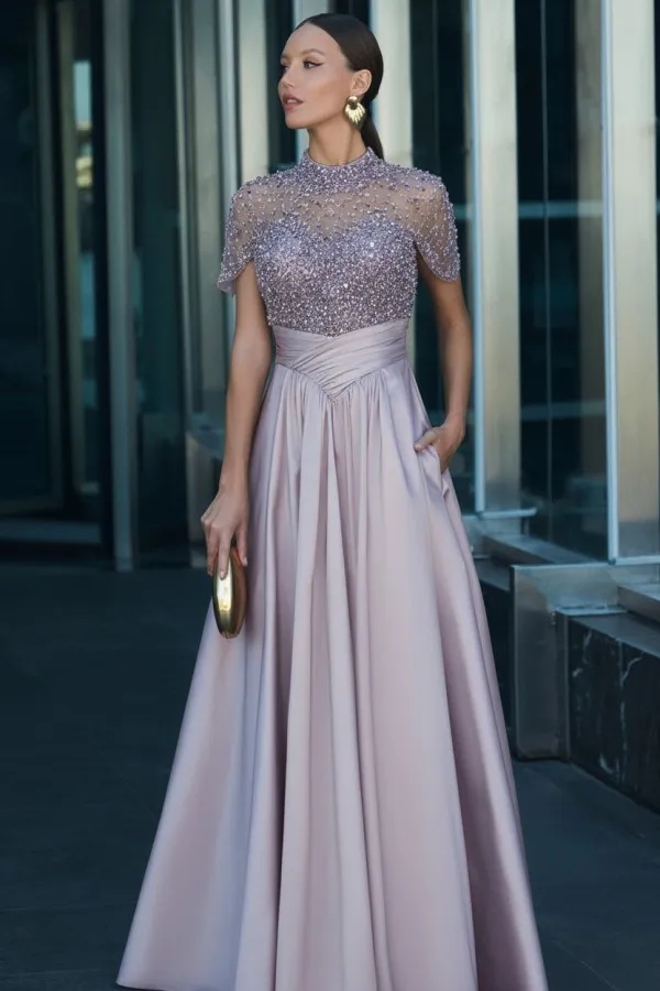 Dark Green Short Sleeves  Satin A-line Evening Dress with Beadings