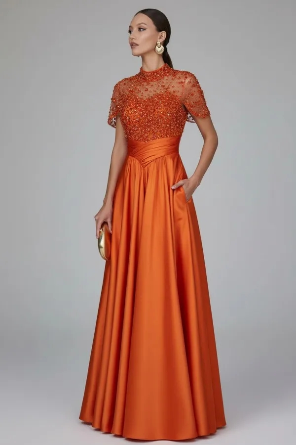 Dark Green Short Sleeves  Satin A-line Evening Dress with Beadings