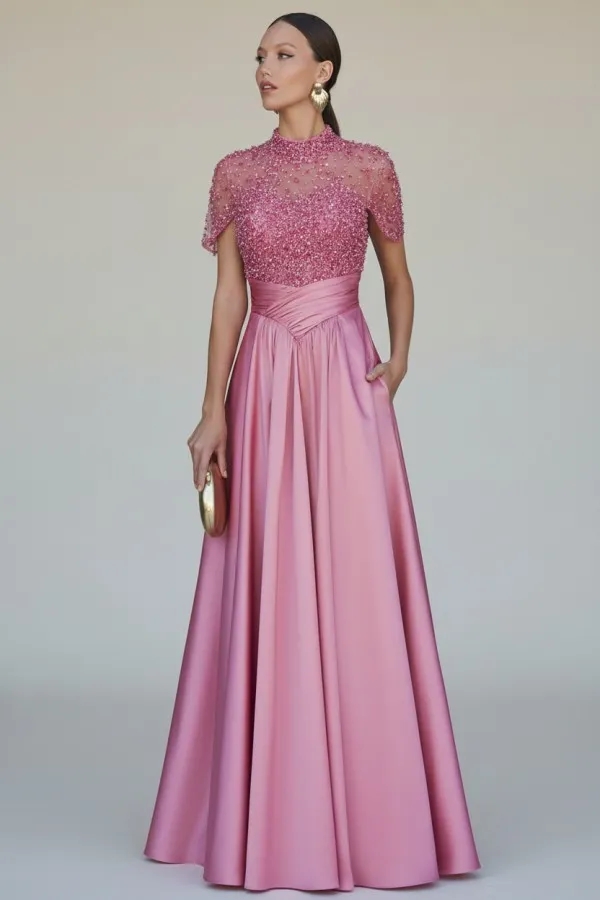 Dark Green Short Sleeves  Satin A-line Evening Dress with Beadings