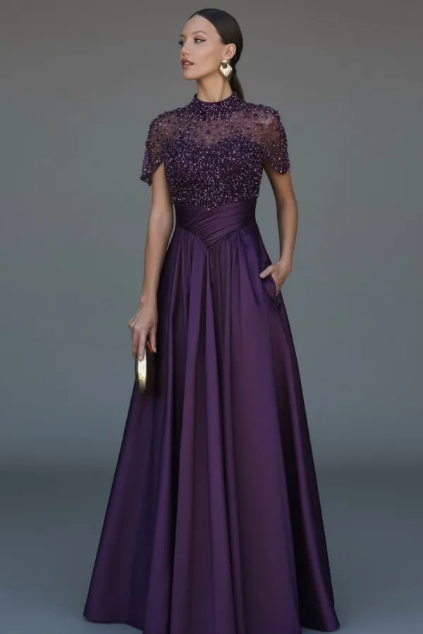 Dark Green Short Sleeves  Satin A-line Evening Dress with Beadings