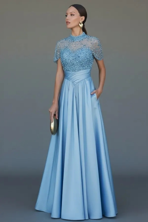 Dark Green Short Sleeves  Satin A-line Evening Dress with Beadings