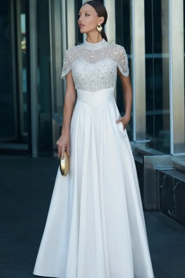 Dark Green Short Sleeves  Satin A-line Evening Dress with Beadings