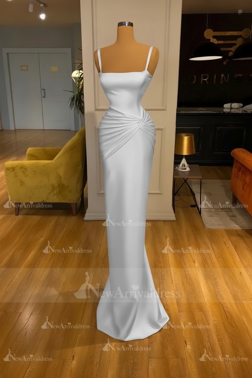 Chic Sky Blue Square Neck Slim Evening Party Wear Dress Sleeveless Satin Prom Dress
