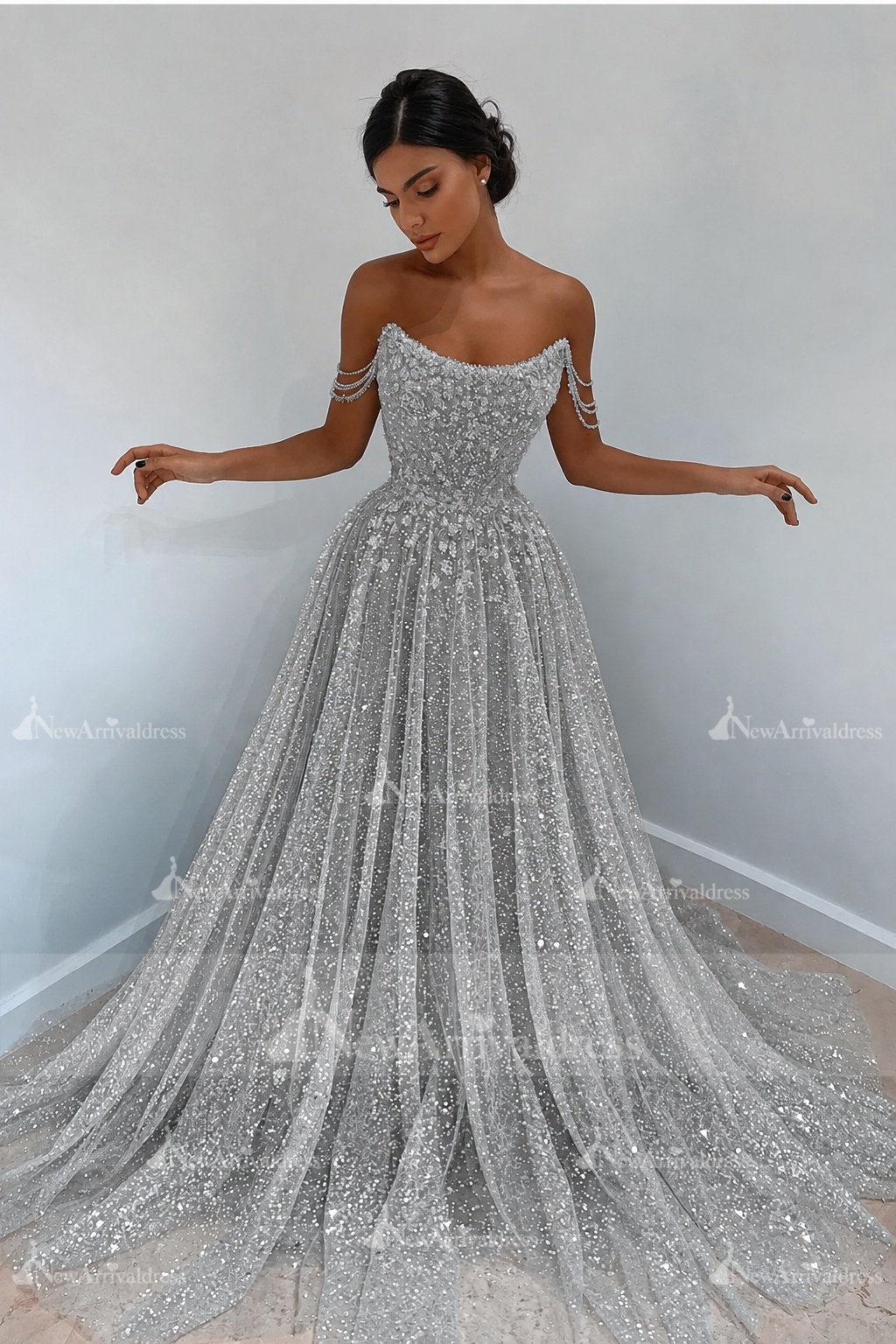 Beautiful Long A-line Sweetheart Sequined Prom Dress Off Shoulder Sky Blue Long Evening Dress