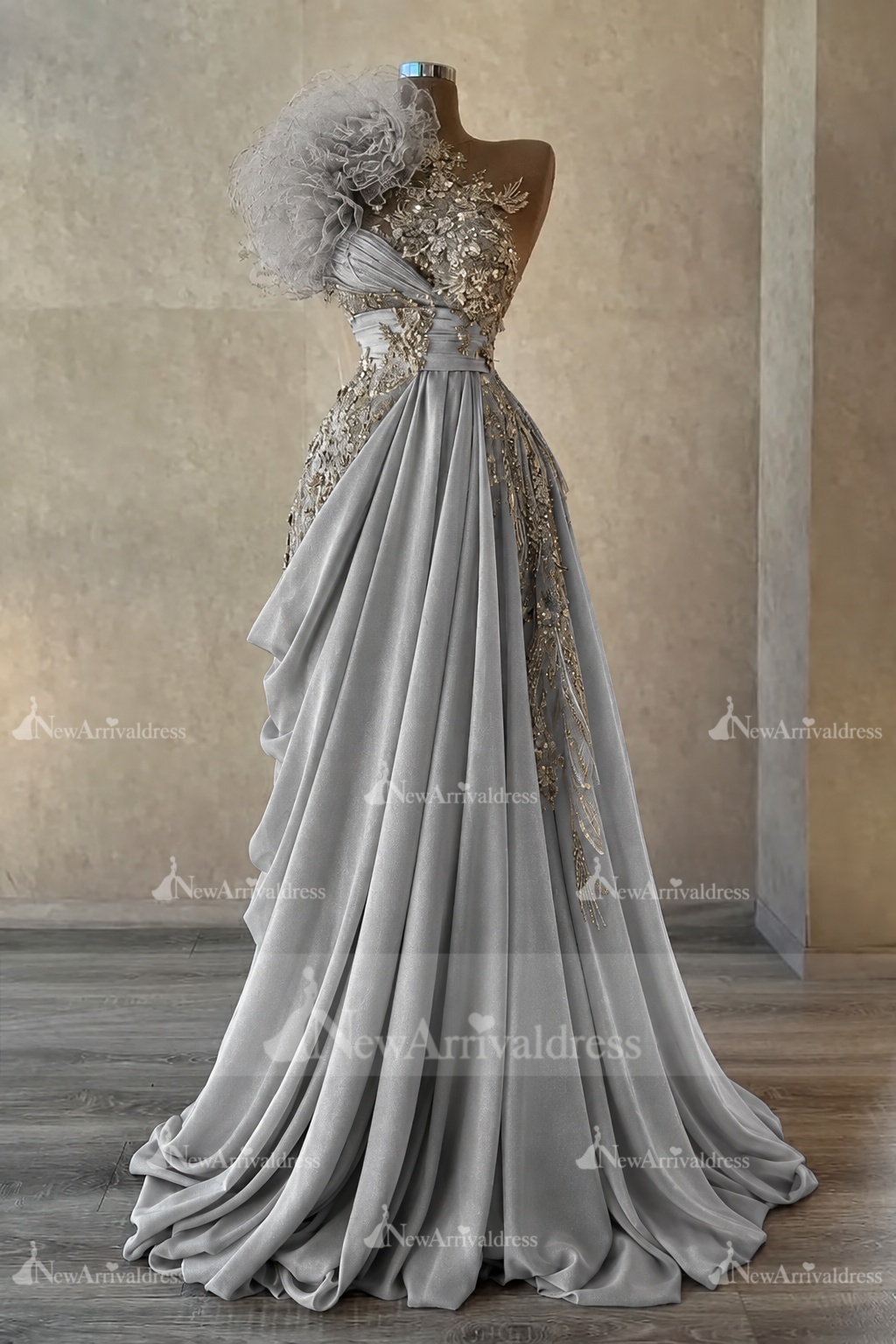 Stunning One Shoulder Flowers Ruched Satin Evening Dress Appliques Aline Party Dress