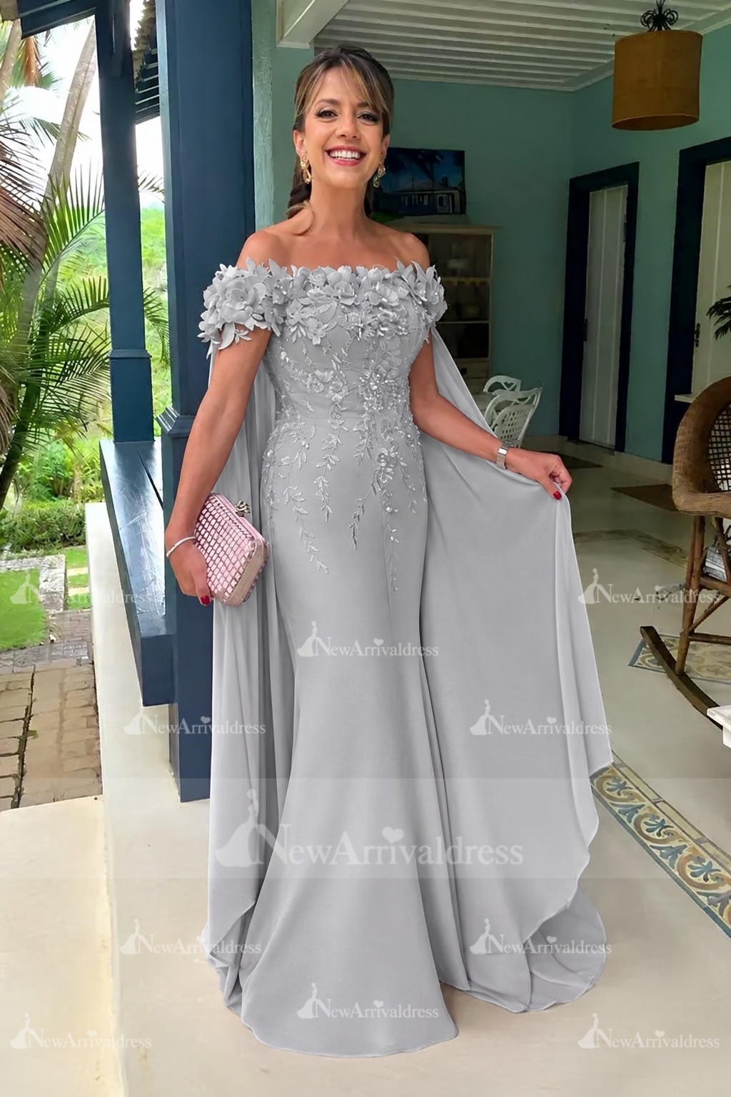 Off-the-Shoulder Pink Chiffon Flowers Long Mother of the Bride Dress with Cape
