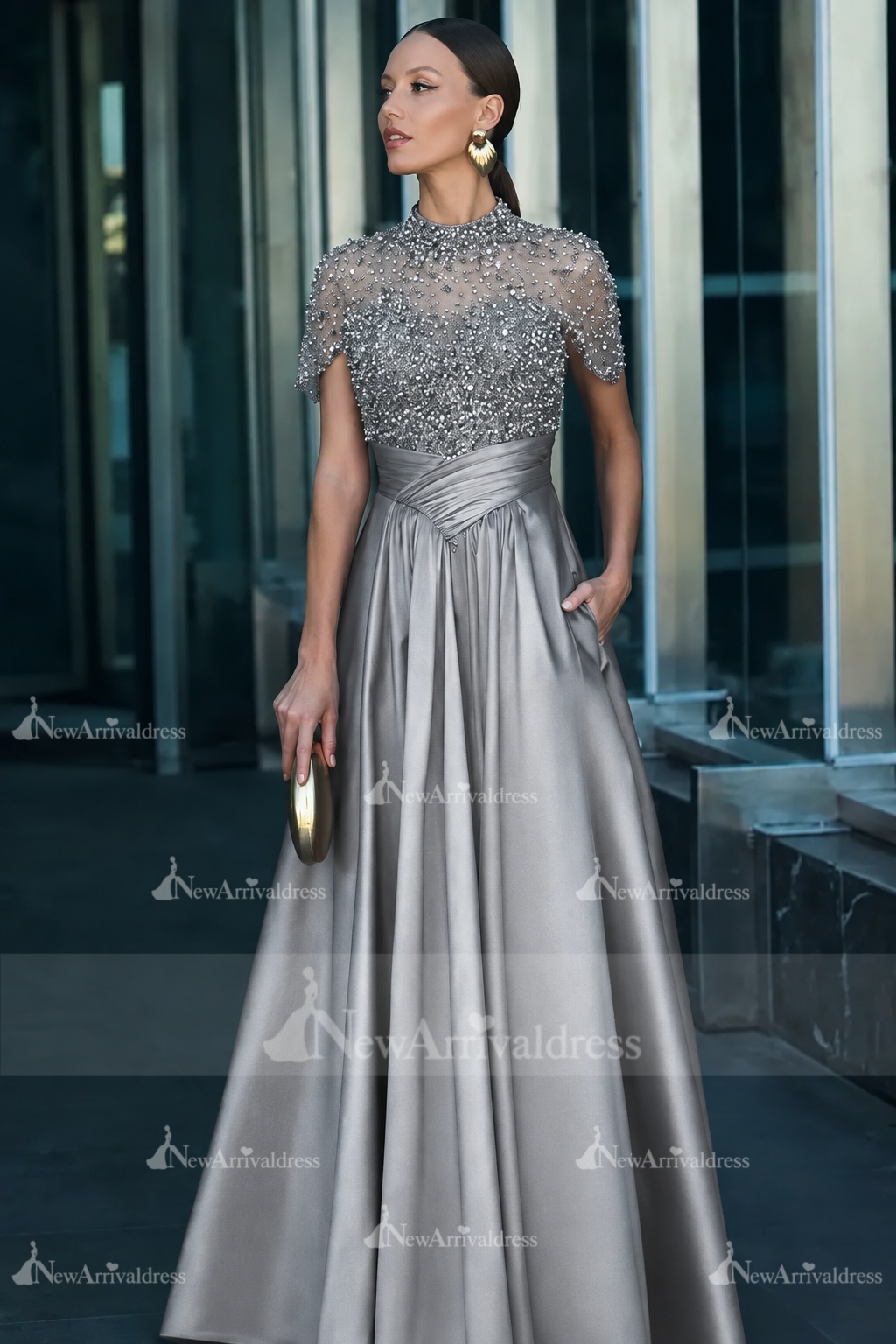 Dark Green Short Sleeves  Satin A-line Evening Dress with Beadings