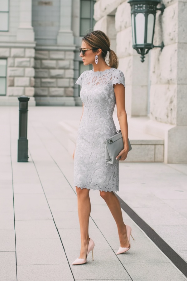 Lace Blushing Pink Formal Dresses | Knee Length Wedding Party Dress Online