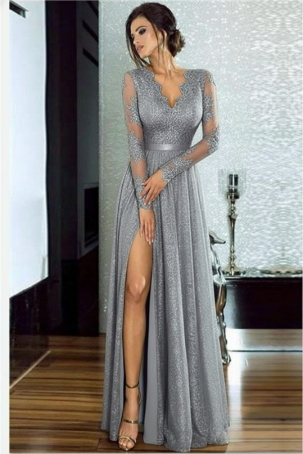 Sexy Slit Long Sleeve Formal Dress Online | Black Lace V-neck Prom Dresses FB0191