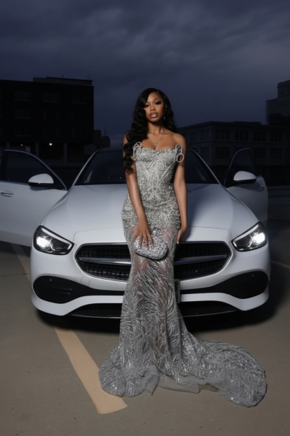 Luxury Silver Beadings Mermaid Prom Dress Sleeveless with Veil