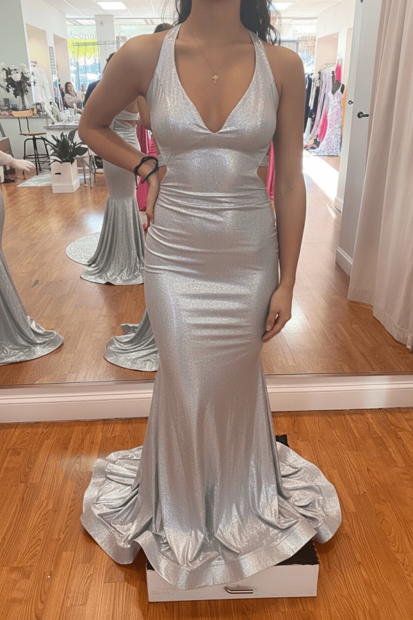 Modest Mermaid Halter V-neck Satin Open Back Prom Dress