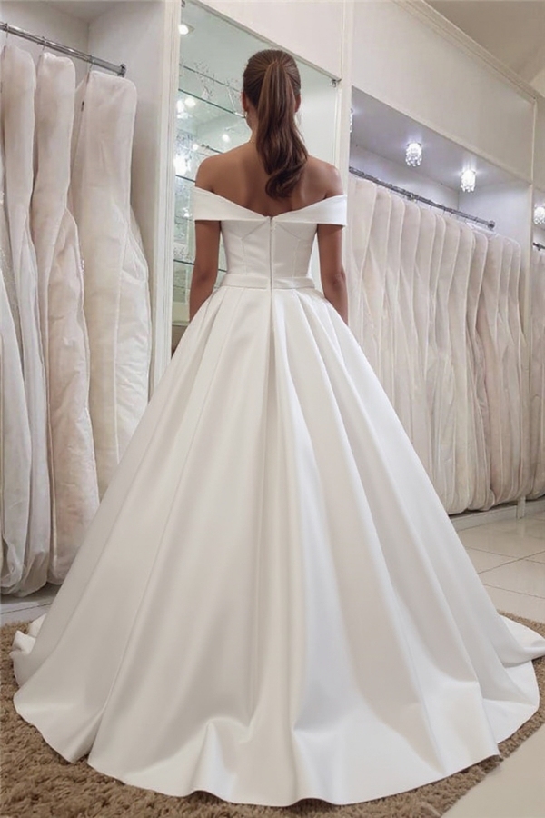 Simple Off The Shoulder Sweetheart Sleeveless Ruffles Satin Wedding Dresses-newarrivaldress