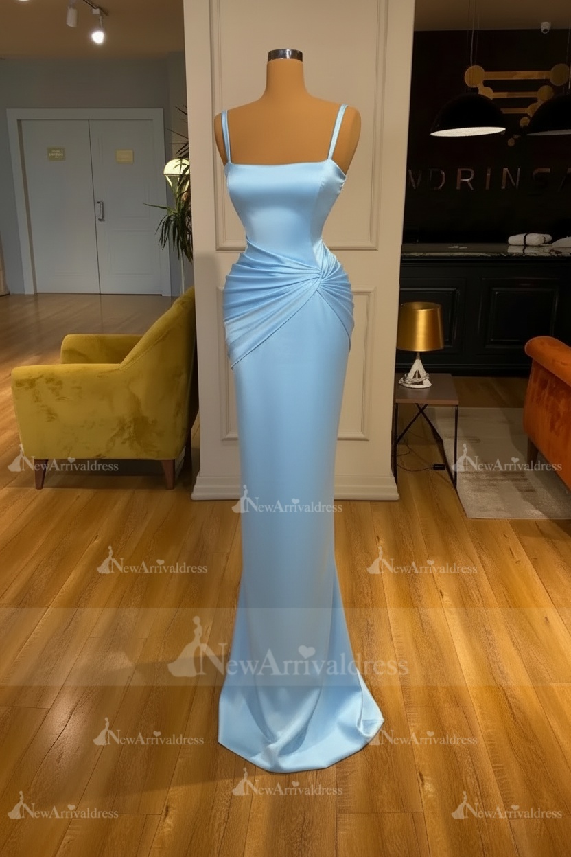 Chic Sky Blue Square Neck Slim Evening Party Wear Dress Sleeveless Satin Prom Dress