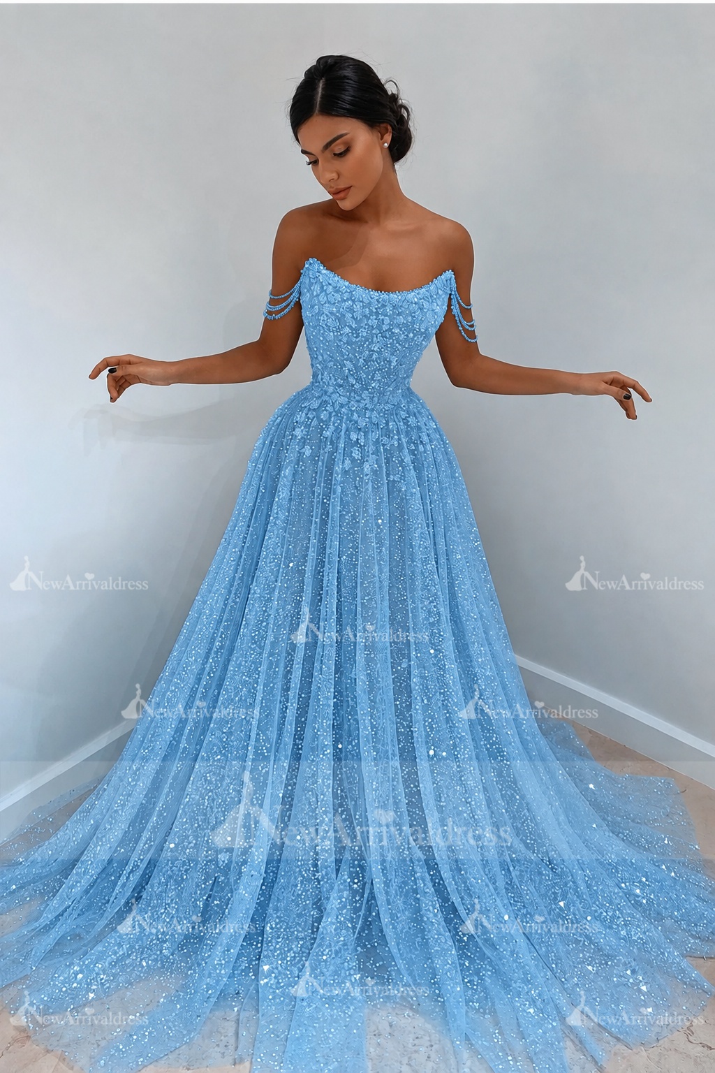 Beautiful Long A-line Sweetheart Sequined Prom Dress Off Shoulder Sky Blue Long Evening Dress