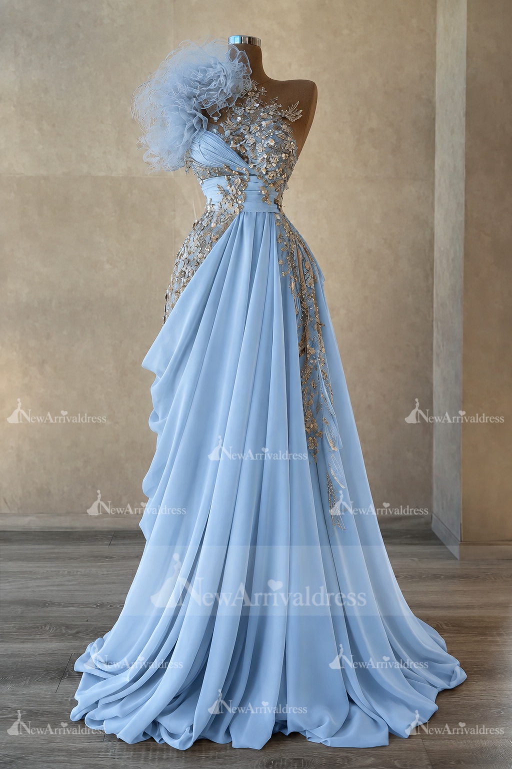 Stunning One Shoulder Flowers Ruched Satin Evening Dress Appliques Aline Party Dress