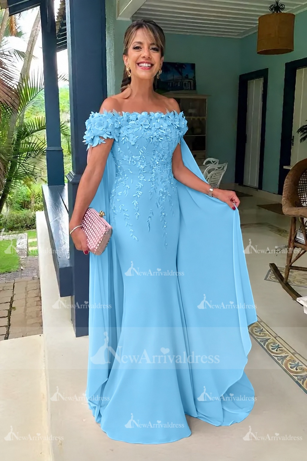 Off-the-Shoulder Pink Chiffon Flowers Long Mother of the Bride Dress with Cape