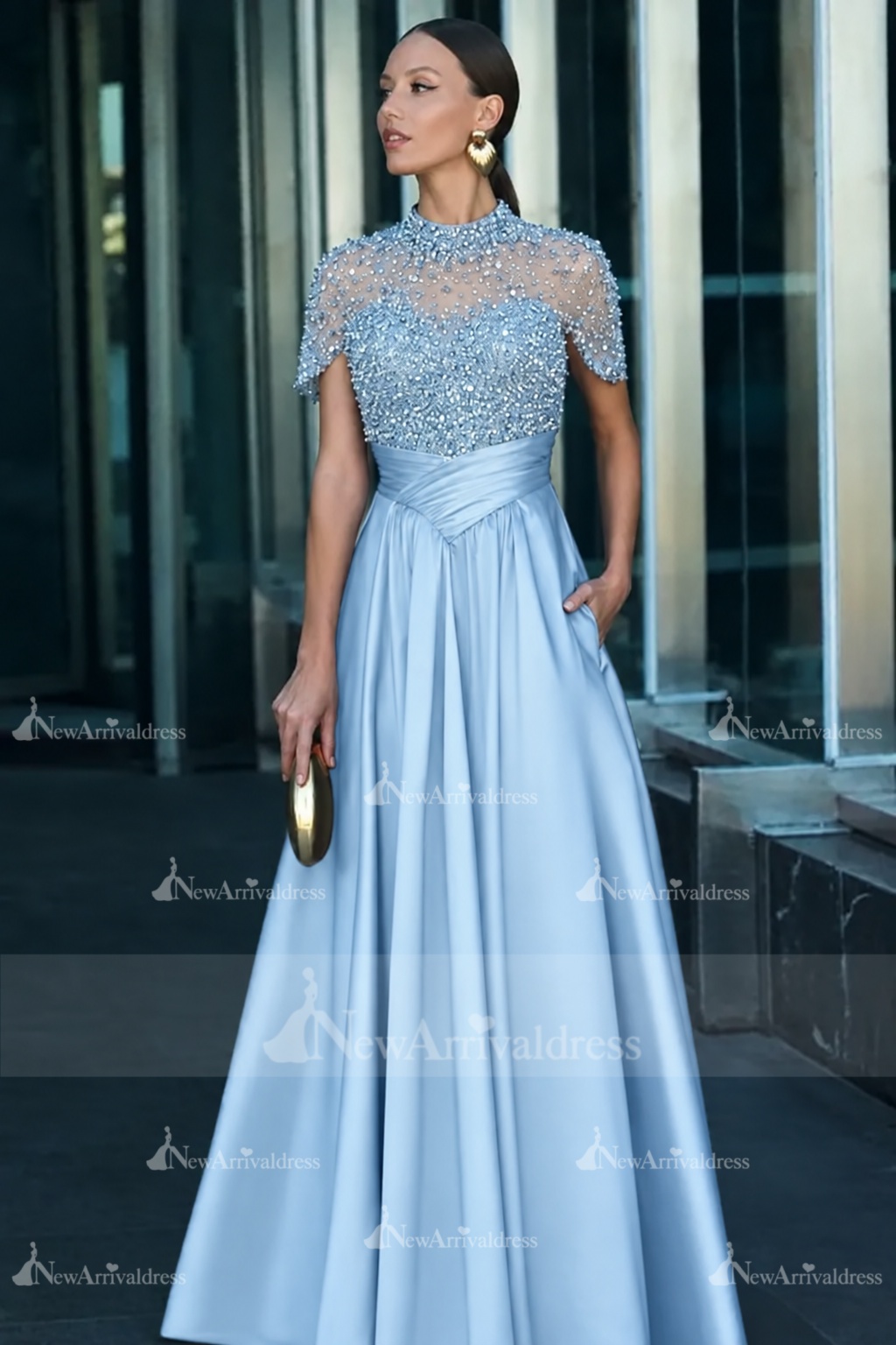 Dark Green Short Sleeves  Satin A-line Evening Dress with Beadings