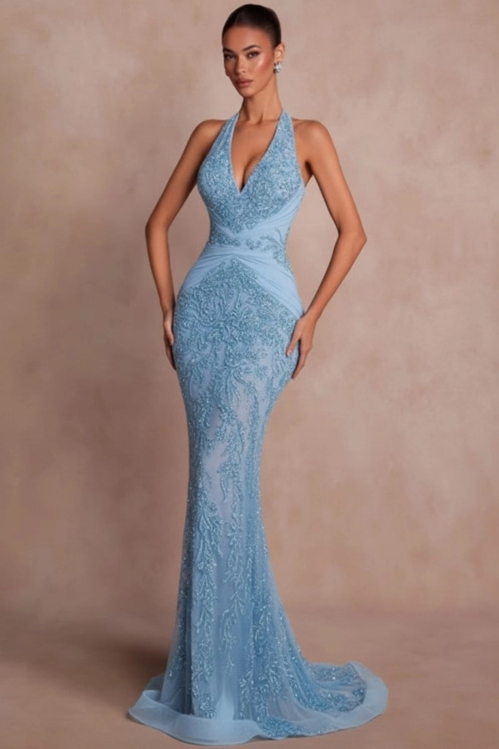 Halter Dark Green Mermaid Prom Dress Glitter Sequins Evening Gown with Lace Appliques