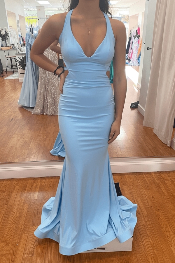 Modest Mermaid Halter V-neck Satin Open Back Prom Dress