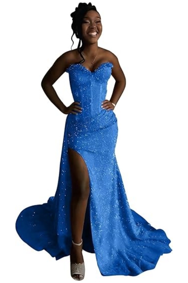 Sexy Orange Mermaid Prom Dress with Sequins High Split Strapless Long Party Dress