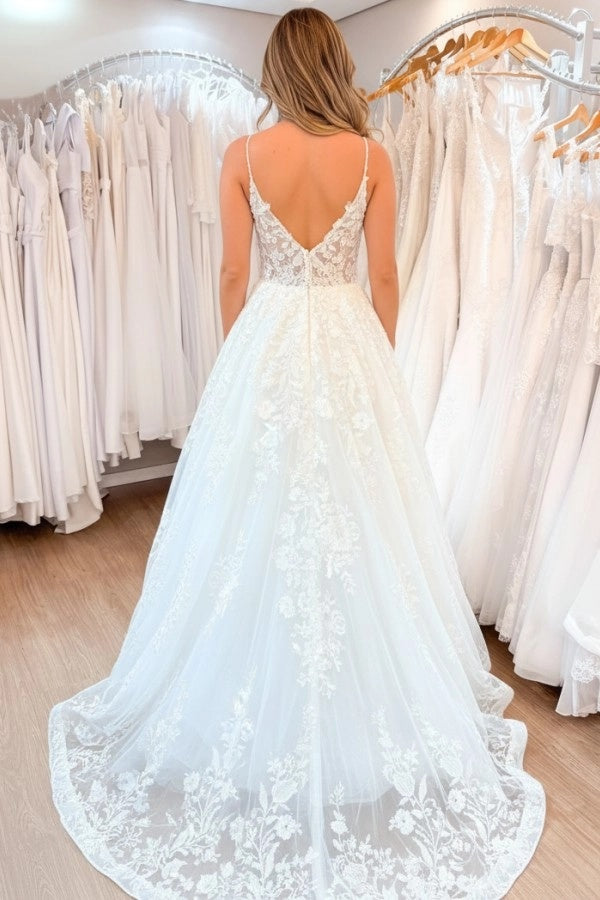 Romantic Spaghetti Straps Tulle Aline Wedding Dress Lace Appliques
