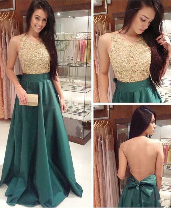 Prom Dress Sheer Crew Neck Gold Lace Applique Sheer Bow Knot Back Green Bottom Sweep Train Evening Gowns/Prom Dress-newarrivaldress