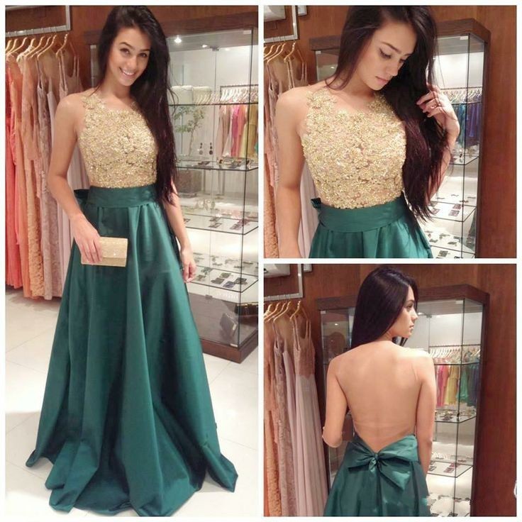 Prom Dress Sheer Crew Neck Gold Lace Applique Sheer Bow Knot Back Green Bottom Sweep Train Evening Gowns/Prom Dress-newarrivaldress