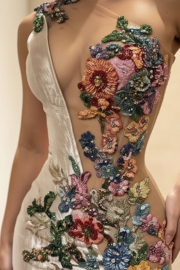 Sleeveless Mermaid Evening Dress with Colorful Floral Pattern Beadings Prom Dress