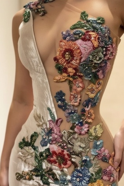 Sleeveless Mermaid Evening Dress with Colorful Floral Pattern Beadings Prom Dress