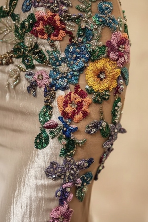 Sleeveless Mermaid Evening Dress with Colorful Floral Pattern Beadings Prom Dress