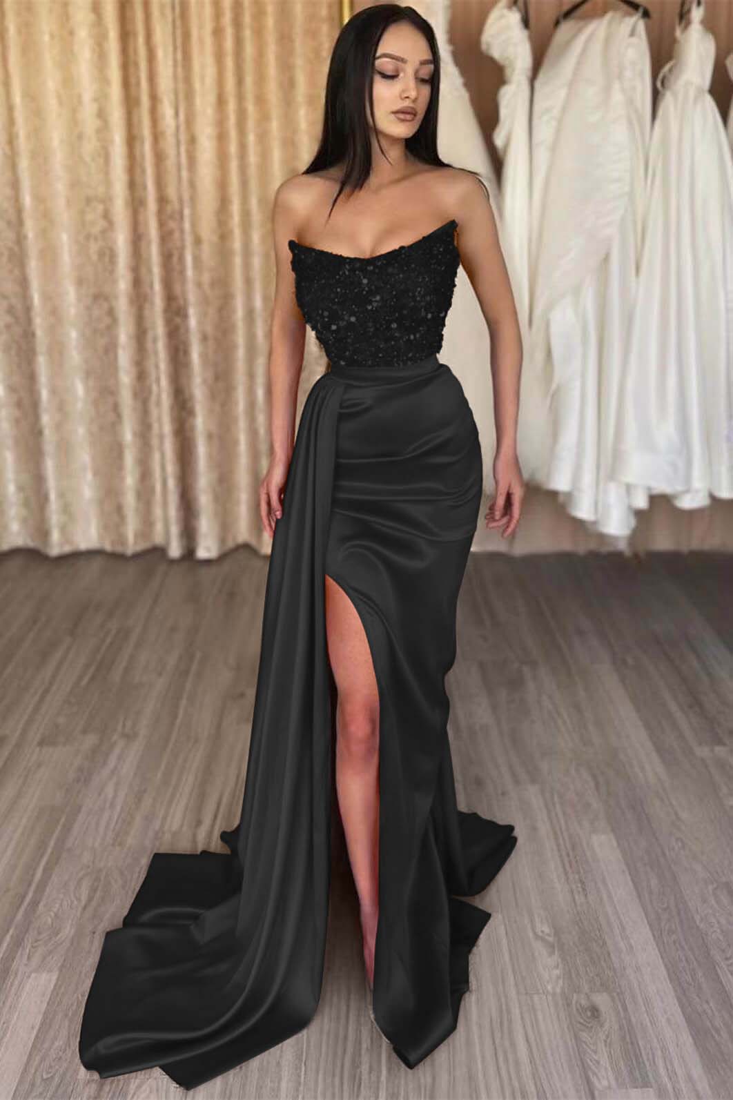 Amazing Sleeveless Sequins Satin Mermaid Prom Dress Strapless Evening Dress with Side Slit