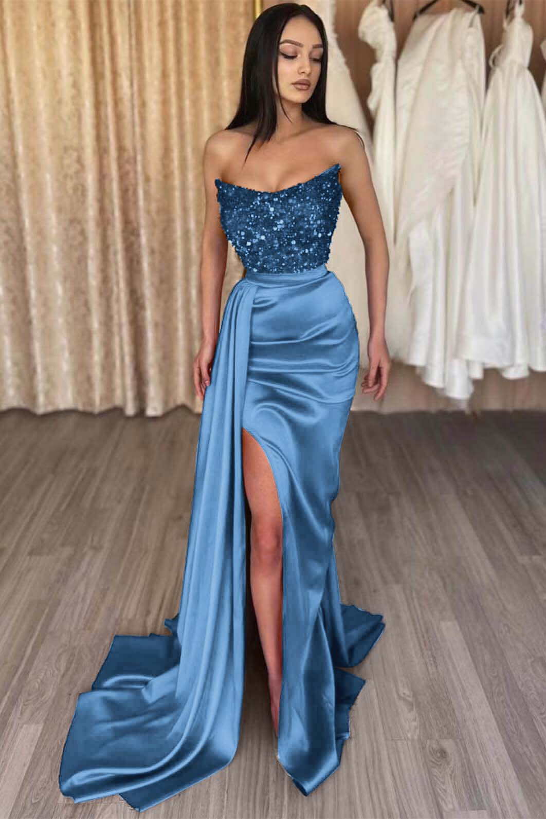 Amazing Sleeveless Sequins Satin Mermaid Prom Dress Strapless Evening Dress with Side Slit