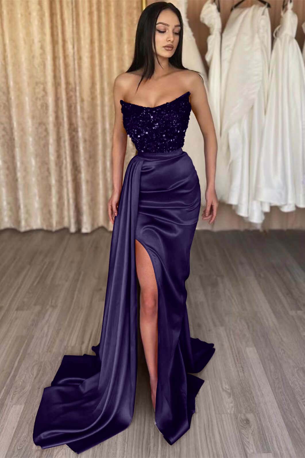 Amazing Sleeveless Sequins Satin Mermaid Prom Dress Strapless Evening Dress with Side Slit