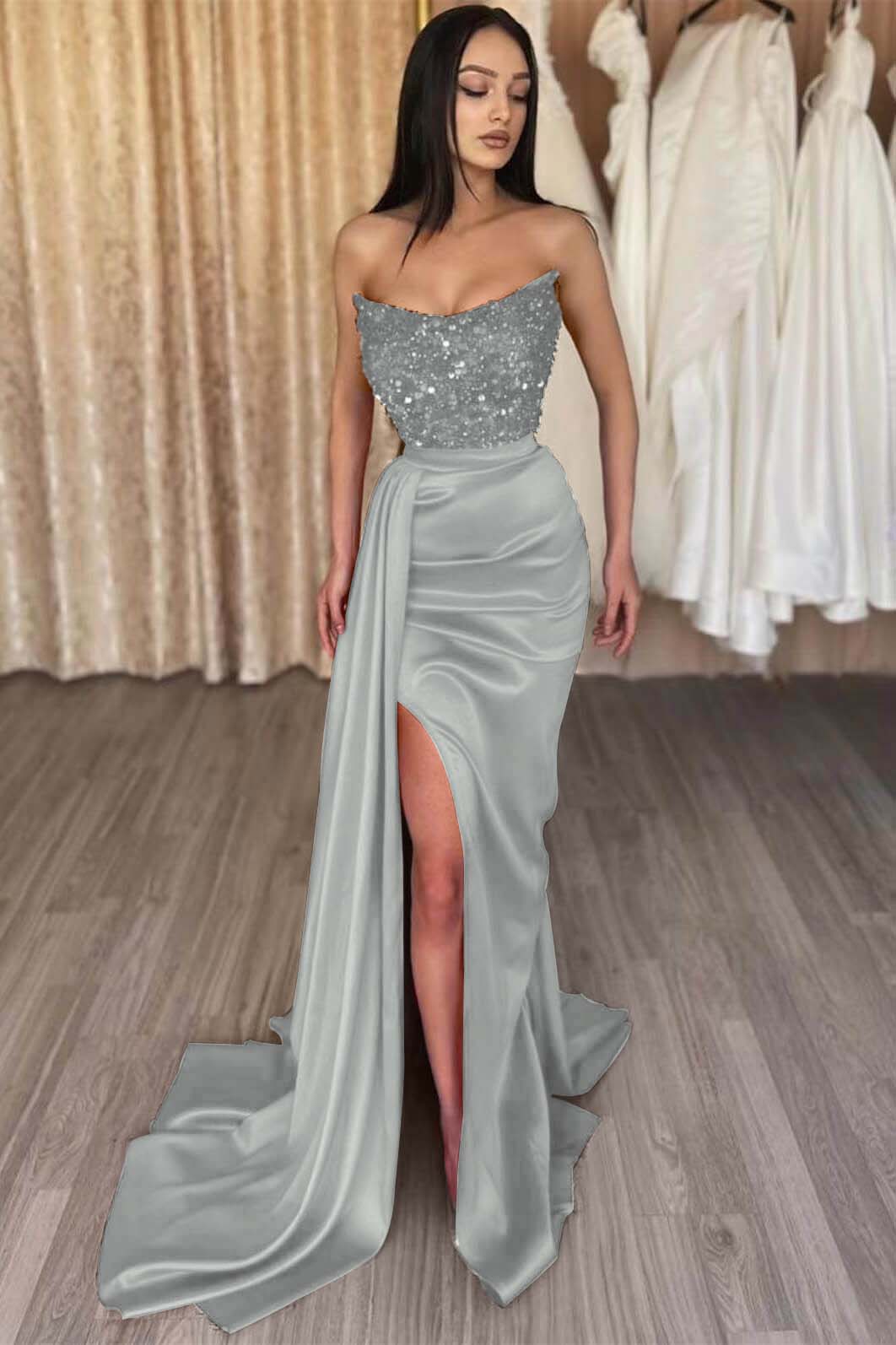Amazing Sleeveless Sequins Satin Mermaid Prom Dress Strapless Evening Dress with Side Slit
