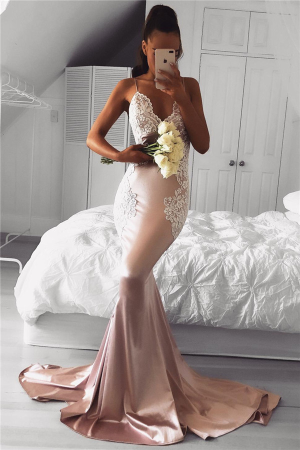 Spaghetti Straps Mermaid Prom Dresses  | Lace Sexy Long Formal Dress