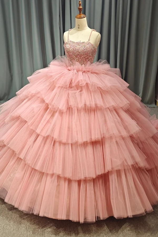 Spaghetti Straps Pink Aline Ball Gown Quinceanera Dresses Tiered Sweet 16 Dress