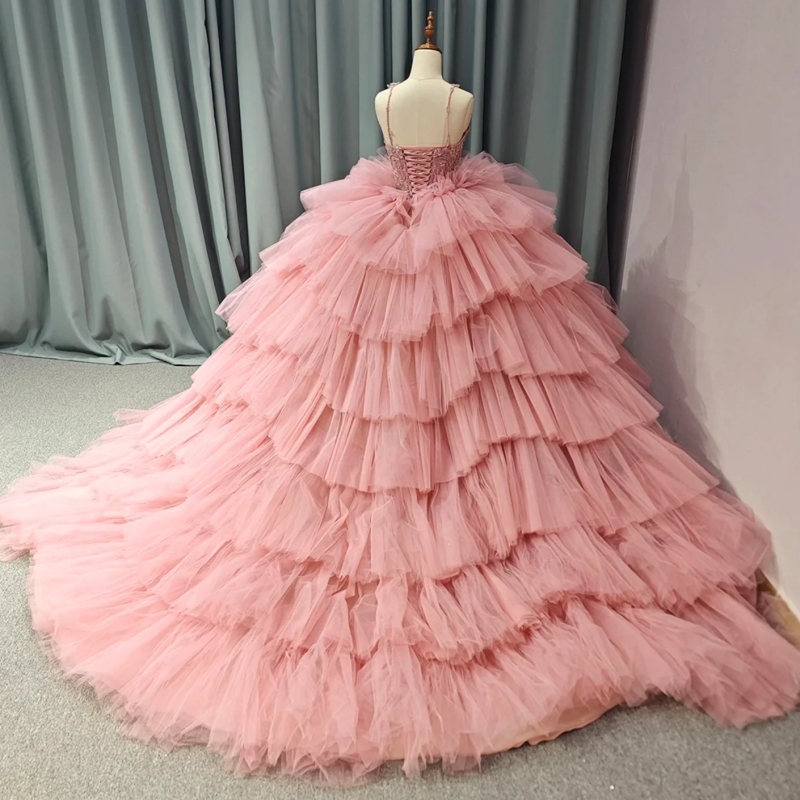 Spaghetti Straps Pink Aline Ball Gown Quinceanera Dresses Tiered Sweet 16 Dress