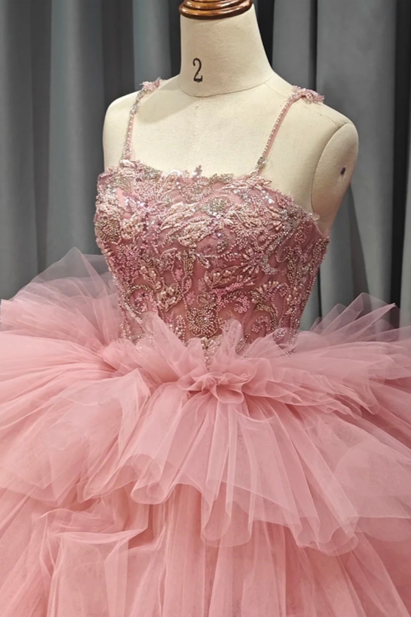 Spaghetti Straps Pink Aline Ball Gown Quinceanera Dresses Tiered Sweet 16 Dress