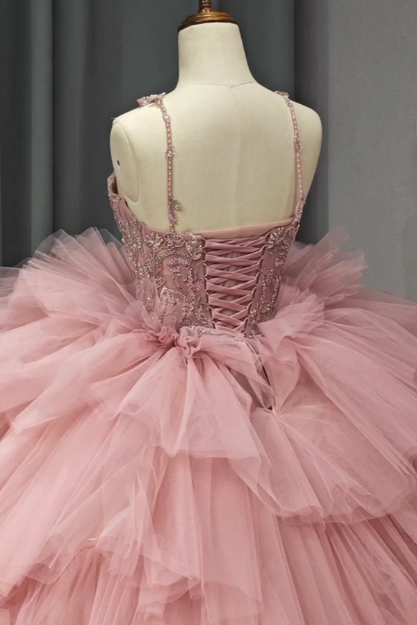 Spaghetti Straps Pink Aline Ball Gown Quinceanera Dresses Tiered Sweet 16 Dress