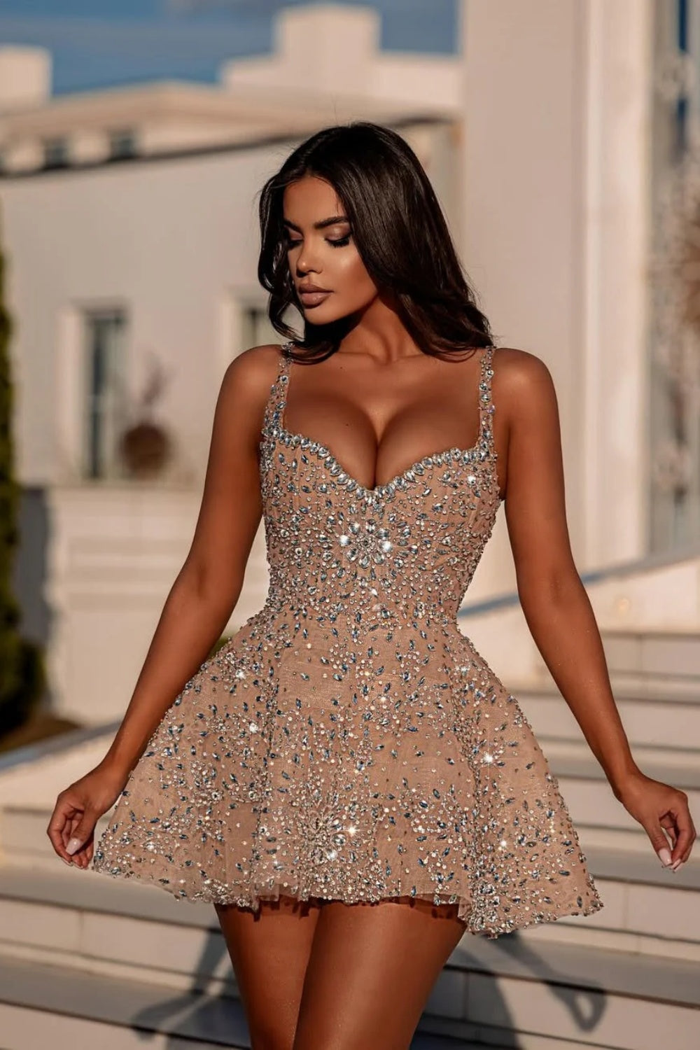 Spaghetti Straps Sweetheart Sequins Knee Length Homecoming Dress Aline