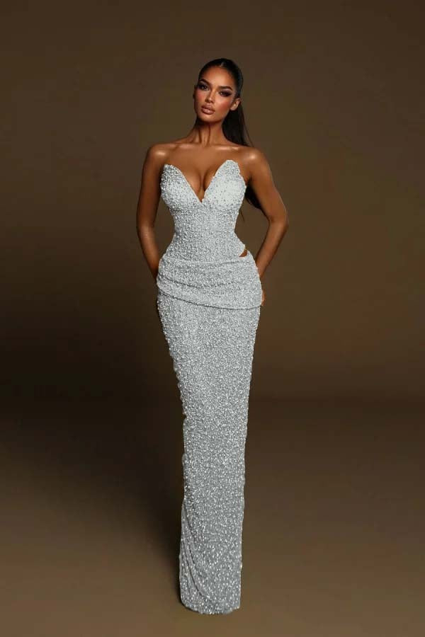 Charming Sparkly Sequined Mermaid Prom Dress Sleeveless Ruffles Evening Gown