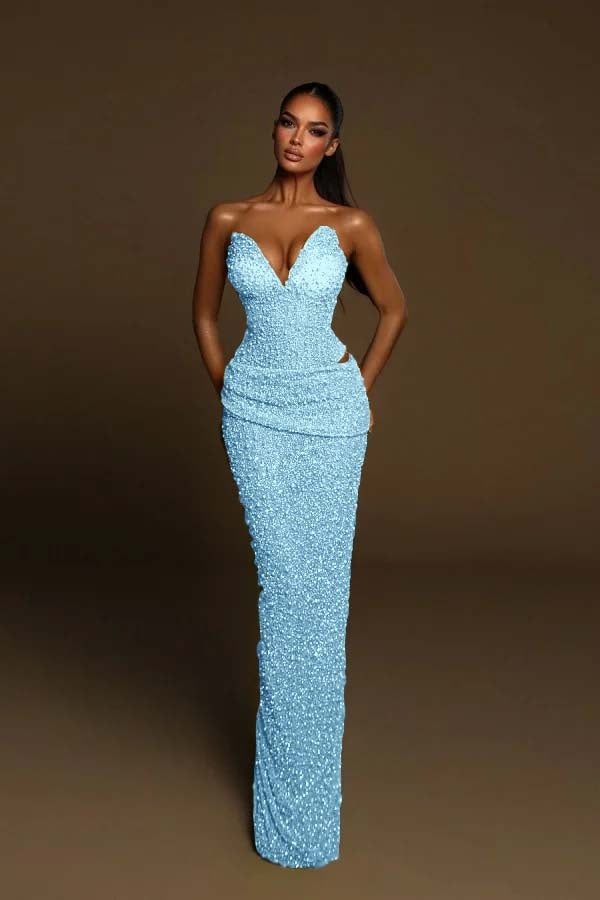 Charming Sparkly Sequined Mermaid Prom Dress Sleeveless Ruffles Evening Gown