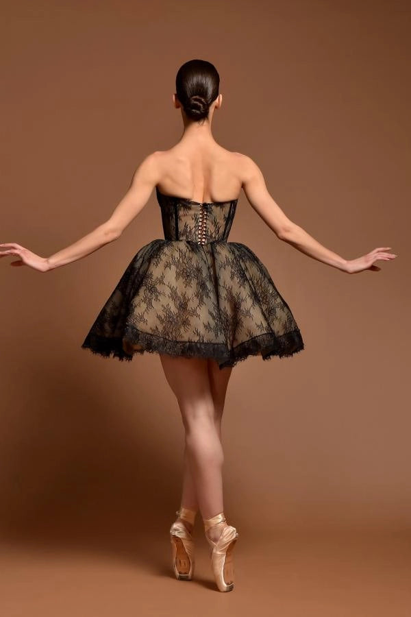 Elegant Strapless Black Aline Formal Dress Sleeveless Lace Prom Dress with Appliques