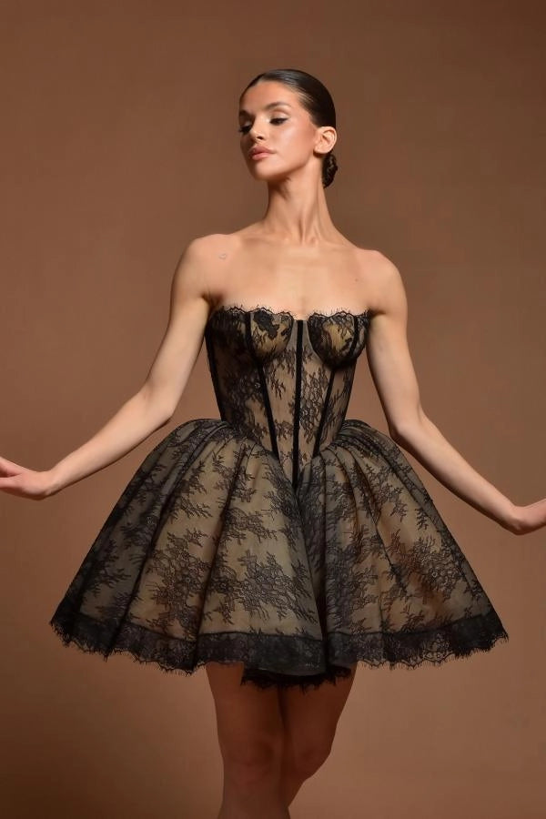 Elegant Strapless Black Aline Formal Dress Sleeveless Lace Prom Dress with Appliques