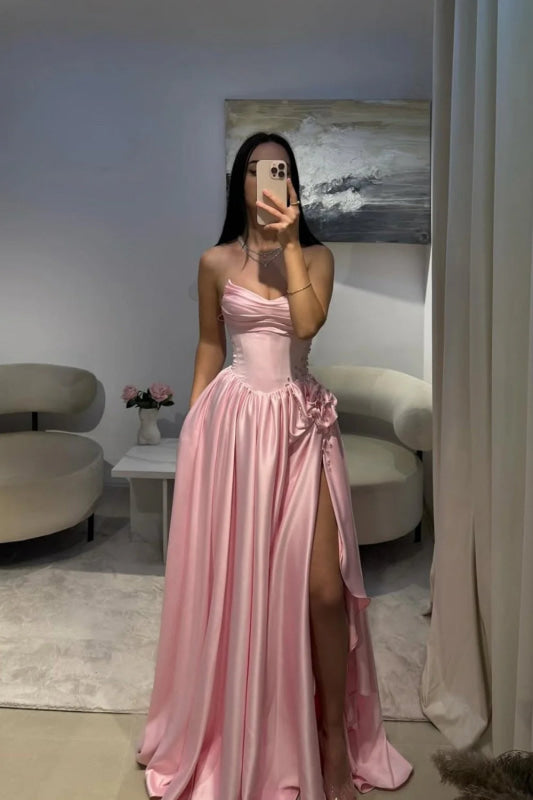 Strapless Pink Evening Dress Long with Front Split Flowers Satin Prom Dress - Evening Dresses