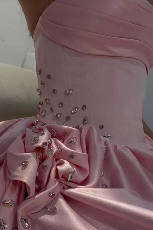 Strapless Pink Evening Dress Long with Front Split Flowers Satin Prom Dress - Evening Dresses