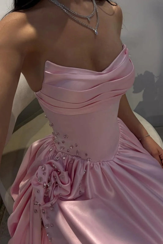 Strapless Pink Evening Dress Long with Front Split Flowers Satin Prom Dress - Evening Dresses