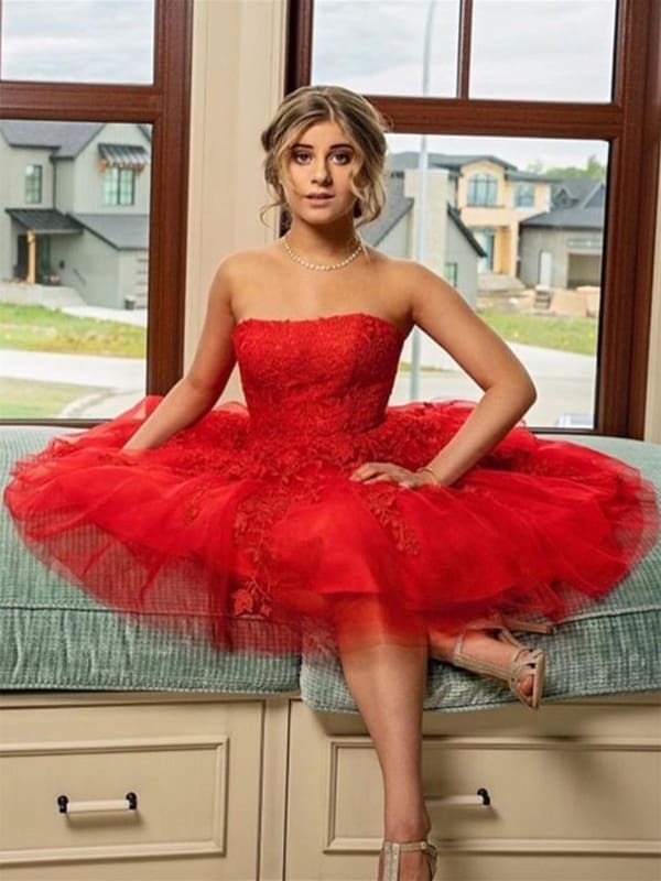 Strapless Short Red Lace Homecoming Dress-newarrivaldress
